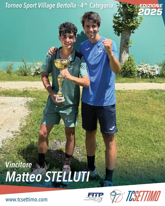 WEEKEND DI TRIONFI per i nostri atleti! 🏆🎾

Un grandissimo applauso a Matteo STELLUTI, che ha conquistato la vittoria nel torneo di 4^ categoria allo Sport Village Bertolla! 💪 Una cavalcata incredibile attraverso 6 turni, sfidando anche esperti ex terza categoria! Complimenti per la tenacia e la determinazione! 👏

E le buone notizie non finiscono qui! 🎉 La nostra Beatrice BO ha vinto il torneo Lim. 3.1 al Sirio! Un'altra splendida affermazione per il nostro club! 🤩

Siamo incredibilmente orgogliosi di entrambi! Continuate così! 🙌
www.tcsettimo.com
#Vittoria #TCSettime #Tennis #SportVillageBertolla #Sirio #MatteoStelluti #BeatriceBo #Campioni #Orgoglio #SettimoTorinese